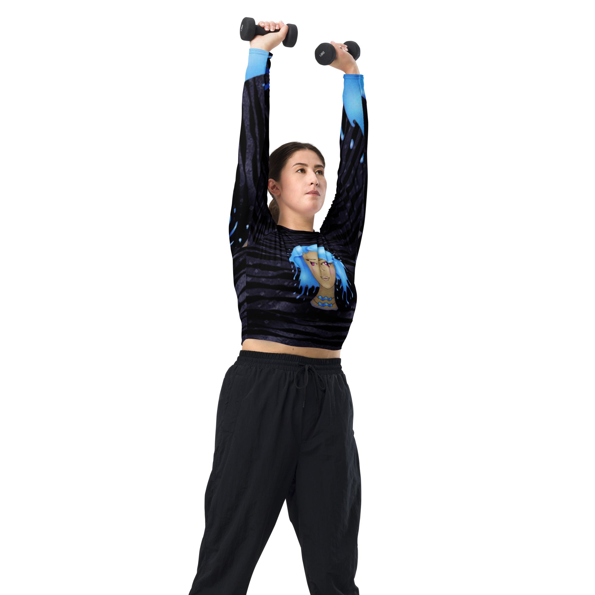 Recycled Long-Sleeve Crop Top- Gym Wear or Streetwear for Aquarius- "Cosmic Aqua" by WickedYo.